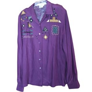 Blue Ice Silk Blouse Shirt Womens Size 10 Purple Beaded Embroidered Art to Wear